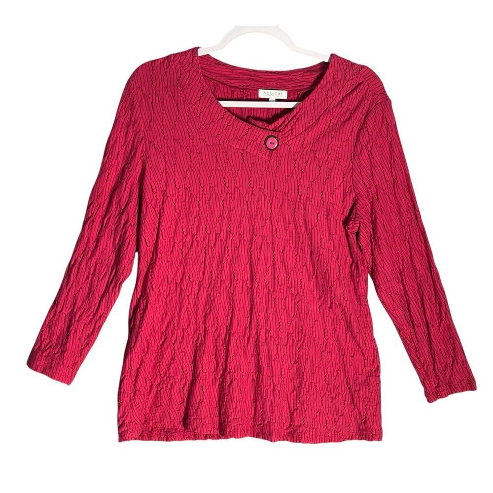 Habitat Sz L Textured Pink Pullover Top Long Sleeve‎ Button Collar Embroidered